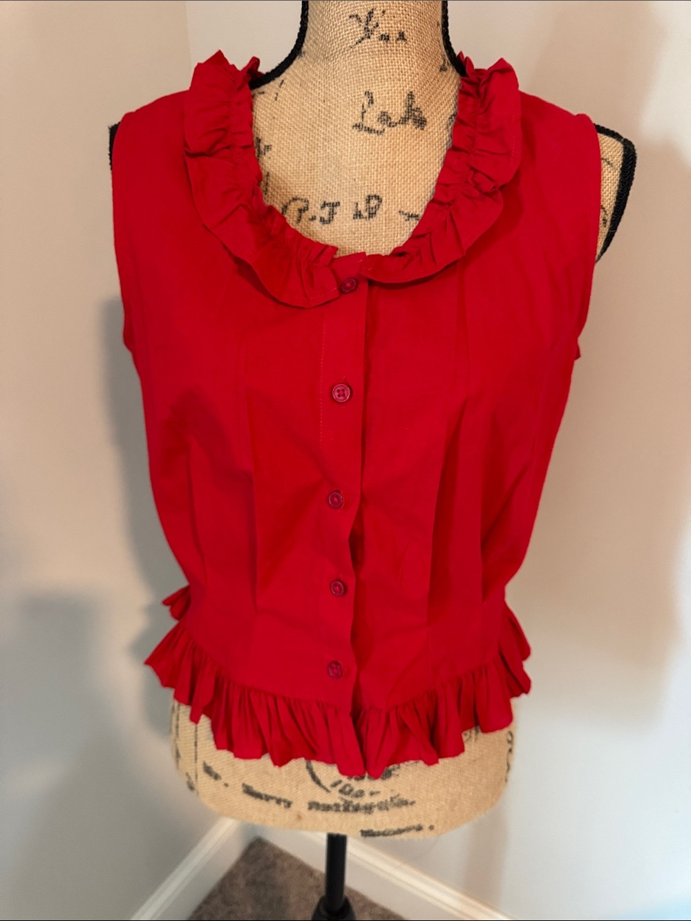 Sleeveless Red Ruffle-Trim Button Front Blouse